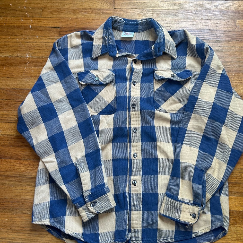 Vintage Prentiss Heavy Flannel Plaid Shirt Mens Sz L Blue & Tan 80s/90s USA MADE